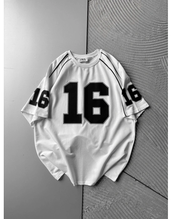 BISIKLET YAKA 16 BASKI OVERSIZE TSHIRT BEYAZ