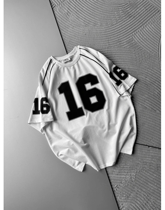 BISIKLET YAKA 16 BASKI OVERSIZE TSHIRT BEYAZ