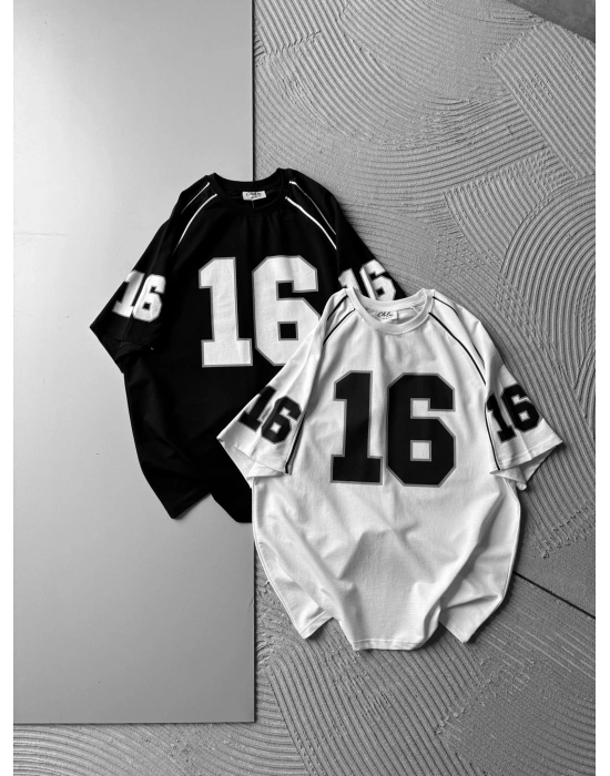 BISIKLET YAKA 16 BASKI OVERSIZE TSHIRT BEYAZ