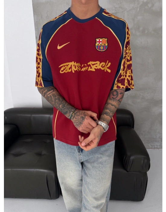 BISIKLET YAKA BARC KOL DESEN OVERSIZE TSHIRT KIRMIZI