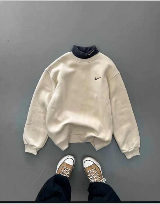 BOYUNLUK DETAY 3 İPLİK PAMUKLU KUMAŞ NAKIŞLI SWEAT KREM