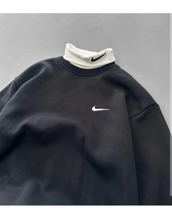 BOYUNLUK DETAY 3 İPLİK PAMUKLU KUMAŞ NAKIŞLI SWEAT SİYAH