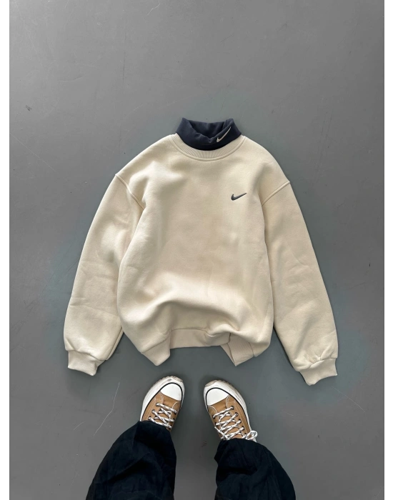 BOYUNLUK DETAY 3 İPLİK PAMUKLU KUMAŞ OVERSİZE SWEAT KREM