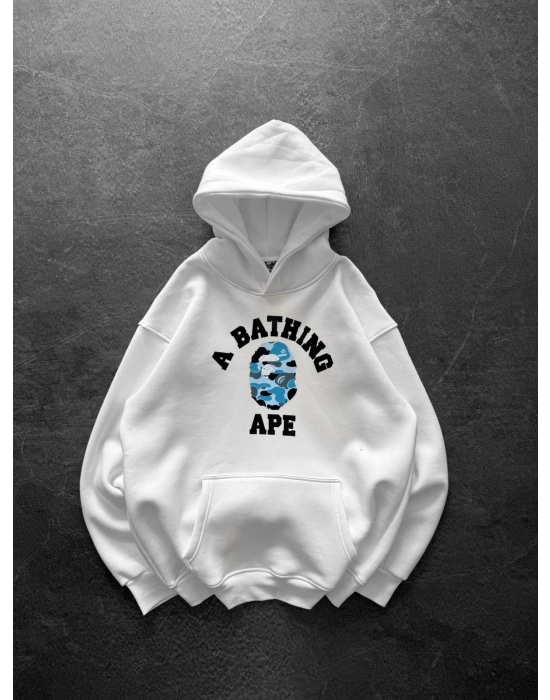 BP MAVİ BASKI 3 İPLİK PAMUKLU KUMAŞ OVERSİZE SWEAT BEYAZ