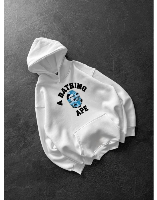 BP MAVİ BASKI 3 İPLİK PAMUKLU KUMAŞ OVERSİZE SWEAT BEYAZ