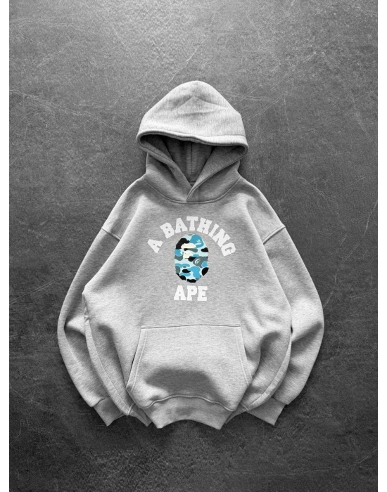 BP MAVİ BASKI 3 İPLİK PAMUKLU KUMAŞ OVERSİZE SWEAT GRİ