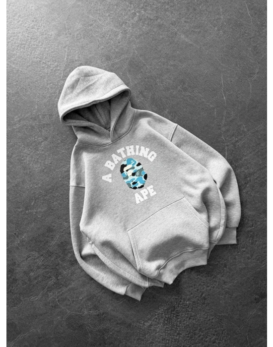 BP MAVİ BASKI 3 İPLİK PAMUKLU KUMAŞ OVERSİZE SWEAT GRİ