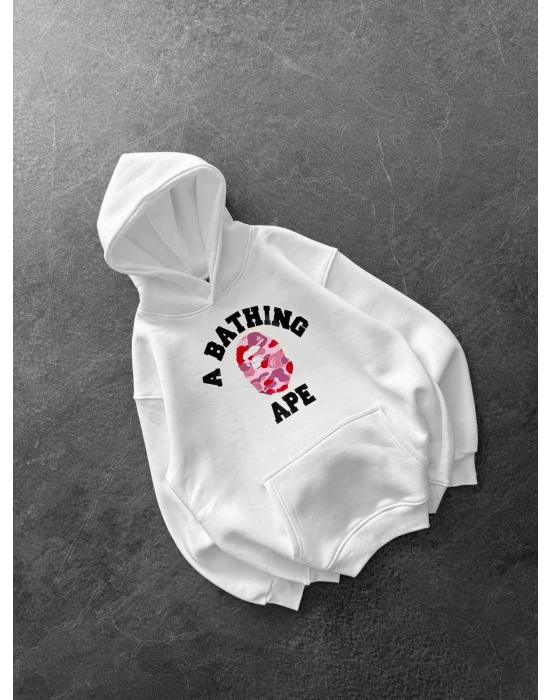 BP PEMBE BASKI 3 İPLİK PAMUKLU KUMAŞ OVERSİZE SWEAT BEYAZ