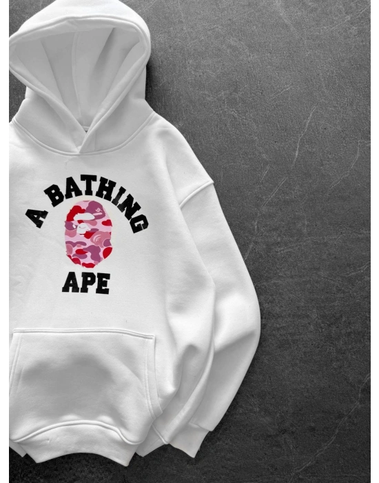 BP PEMBE BASKI 3 İPLİK PAMUKLU KUMAŞ OVERSİZE SWEAT BEYAZ