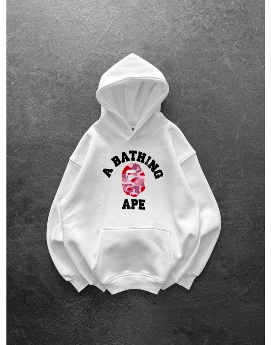 BP PEMBE BASKI 3 İPLİK PAMUKLU KUMAŞ OVERSİZE SWEAT BEYAZ