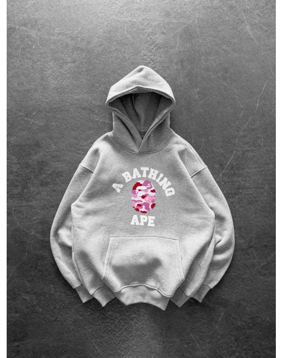 BP PEMBE BASKI 3 İPLİK PAMUKLU KUMAŞ OVERSİZE SWEAT GRİ