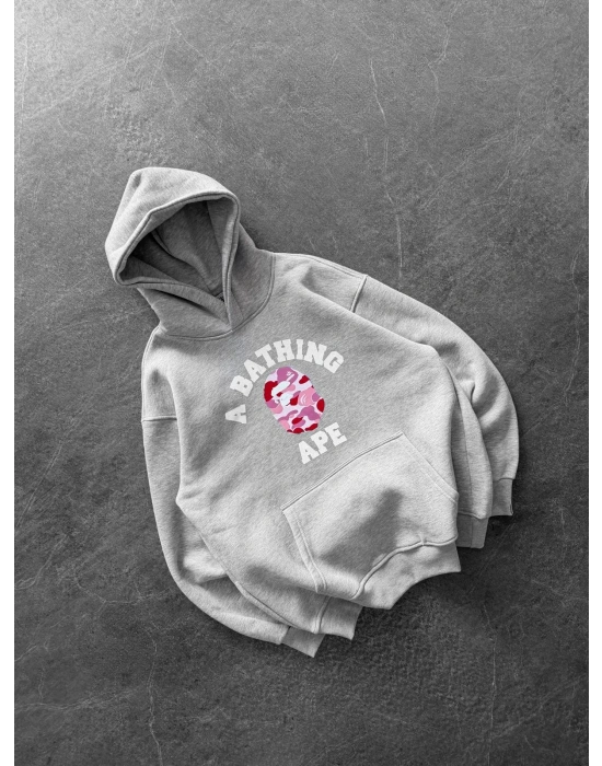 BP PEMBE BASKI 3 İPLİK PAMUKLU KUMAŞ OVERSİZE SWEAT GRİ