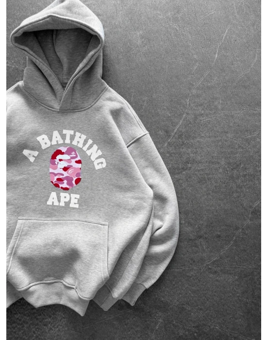 BP PEMBE BASKI 3 İPLİK PAMUKLU KUMAŞ OVERSİZE SWEAT GRİ