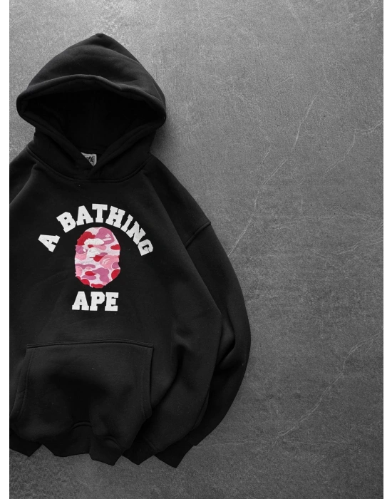 BP PEMBE BASKI 3 İPLİK PAMUKLU KUMAŞ OVERSİZE SWEAT SİYAH