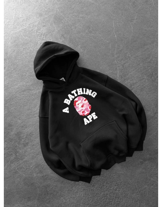 BP PEMBE BASKI 3 İPLİK PAMUKLU KUMAŞ OVERSİZE SWEAT SİYAH