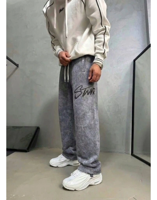 BÜYÜK NAKIŞLI YIKAMALI 3 İPLİK BAGGY EŞOFMAN GRİ