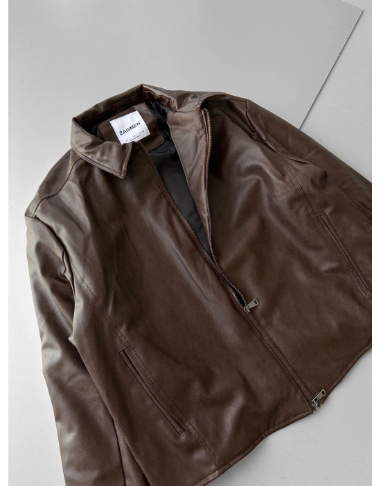 ÇAPRAZ DİKİŞ ESKİTME DERİ CEKET KAHVERENGİ