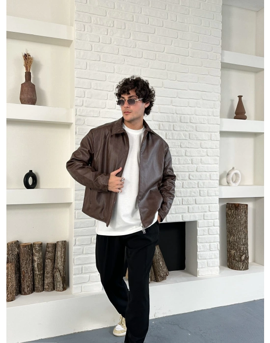 ÇAPRAZ DİKİŞ ESKİTME DERİ CEKET KAHVERENGİ