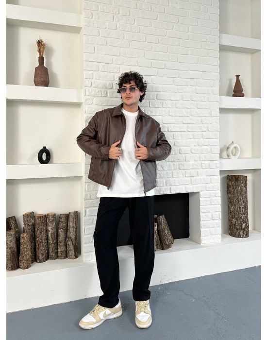 ÇAPRAZ DİKİŞ ESKİTME DERİ CEKET KAHVERENGİ