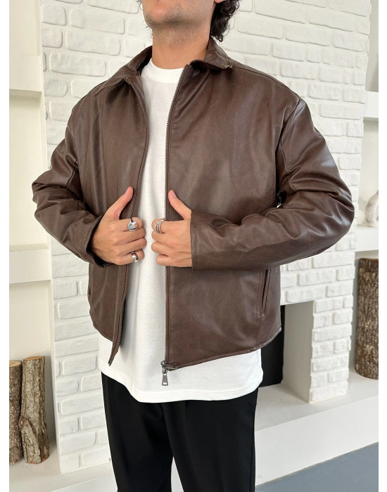 ÇAPRAZ DİKİŞ ESKİTME DERİ CEKET KAHVERENGİ