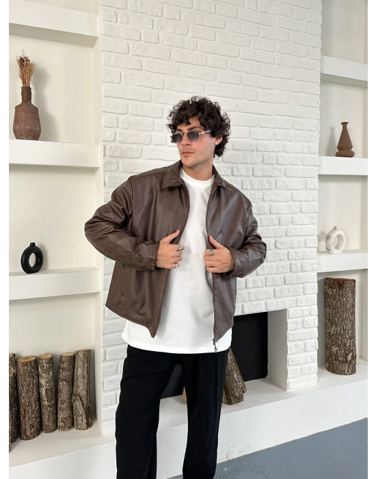 ÇAPRAZ DİKİŞ ESKİTME DERİ CEKET KAHVERENGİ