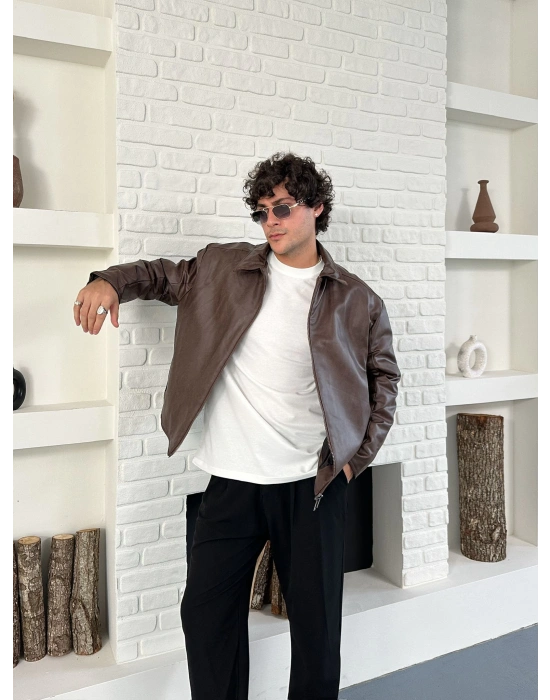 ÇAPRAZ DİKİŞ ESKİTME DERİ CEKET KAHVERENGİ