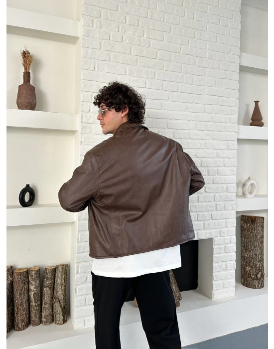 ÇAPRAZ DİKİŞ ESKİTME DERİ CEKET KAHVERENGİ