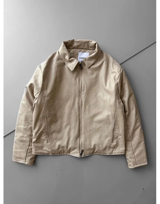 ÇAPRAZ DİKİŞ ESKİTME DERİ CEKET KREM