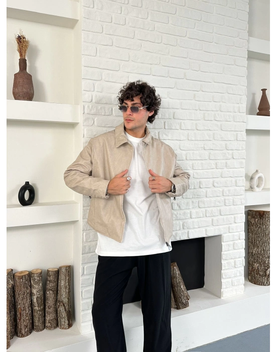 ÇAPRAZ DİKİŞ ESKİTME DERİ CEKET KREM