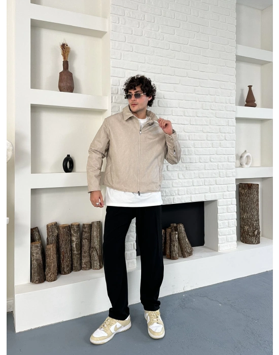 ÇAPRAZ DİKİŞ ESKİTME DERİ CEKET KREM