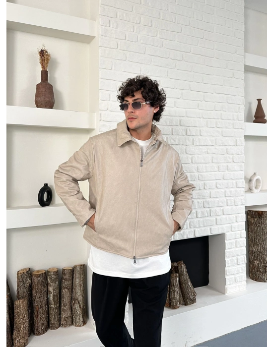 ÇAPRAZ DİKİŞ ESKİTME DERİ CEKET KREM