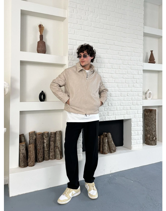 ÇAPRAZ DİKİŞ ESKİTME DERİ CEKET KREM