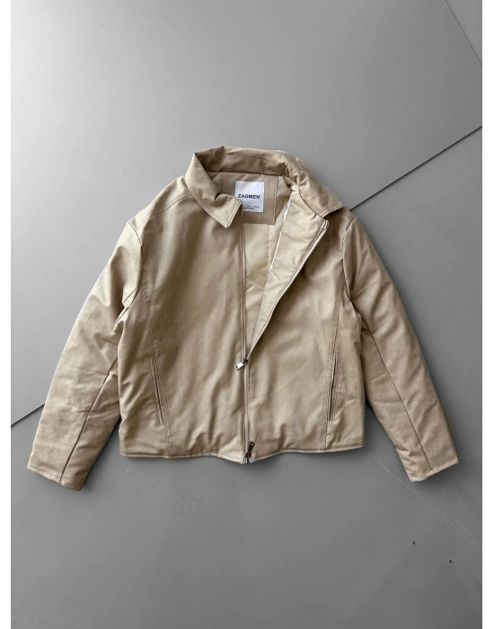 ÇAPRAZ DİKİŞ ESKİTME DERİ CEKET KREM