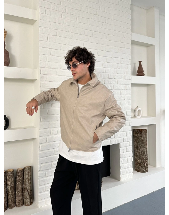 ÇAPRAZ DİKİŞ ESKİTME DERİ CEKET KREM