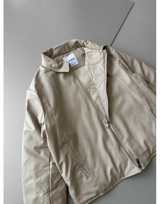 ÇAPRAZ DİKİŞ ESKİTME DERİ CEKET KREM