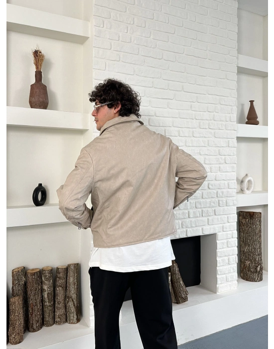 ÇAPRAZ DİKİŞ ESKİTME DERİ CEKET KREM