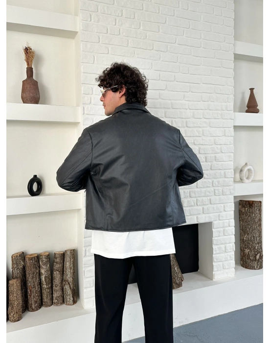 ÇİFT FERMUARLI DERİ CROP CEKET