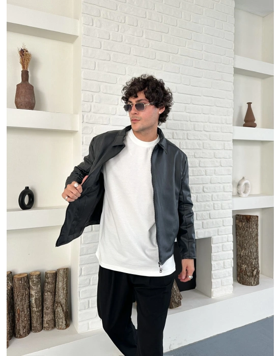 ÇİFT FERMUARLI DERİ CROP CEKET