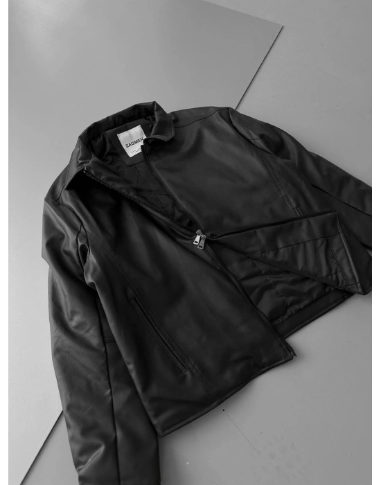 ÇİFT FERMUARLI DERİ CROP CEKET