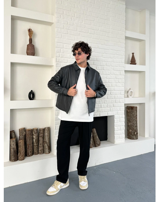 ÇİFT FERMUARLI DERİ CROP CEKET