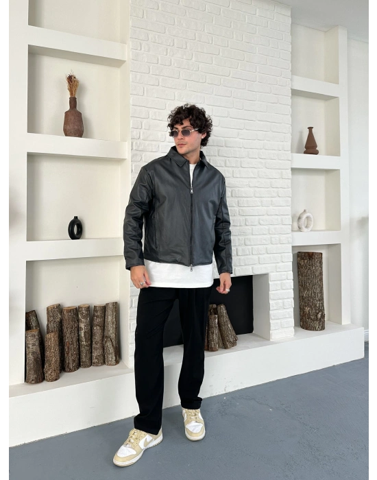 ÇİFT FERMUARLI DERİ CROP CEKET