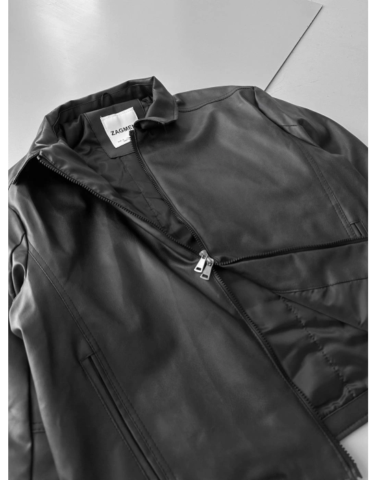 ÇİFT FERMUARLI DERİ CROP CEKET