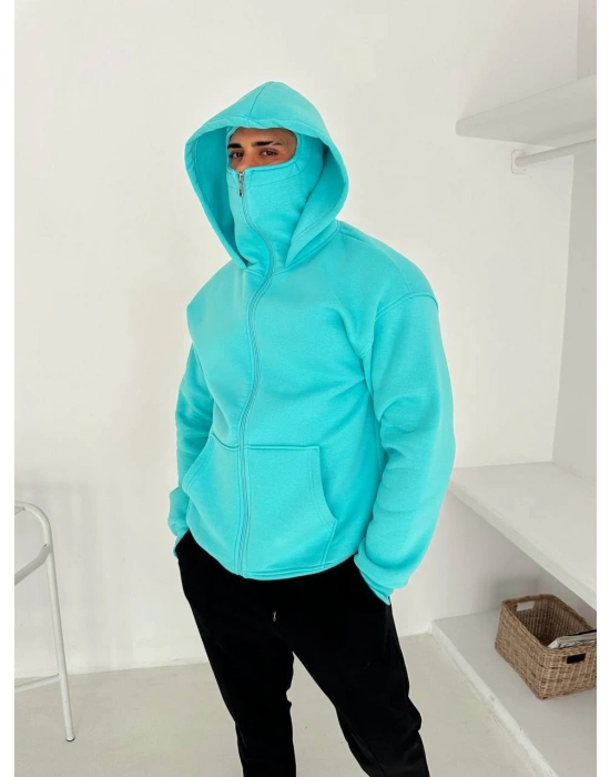 ÇİFT KAPÜŞONLU BASİC OVERSİZE 3 İPLİK PAMUKLU HIRKA BEBEMAVİ