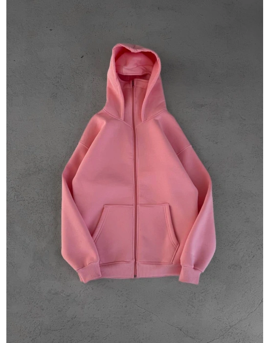 ÇİFT KAPÜŞONLU BASİC OVERSİZE 3 İPLİK PAMUKLU HIRKA PEMBE
