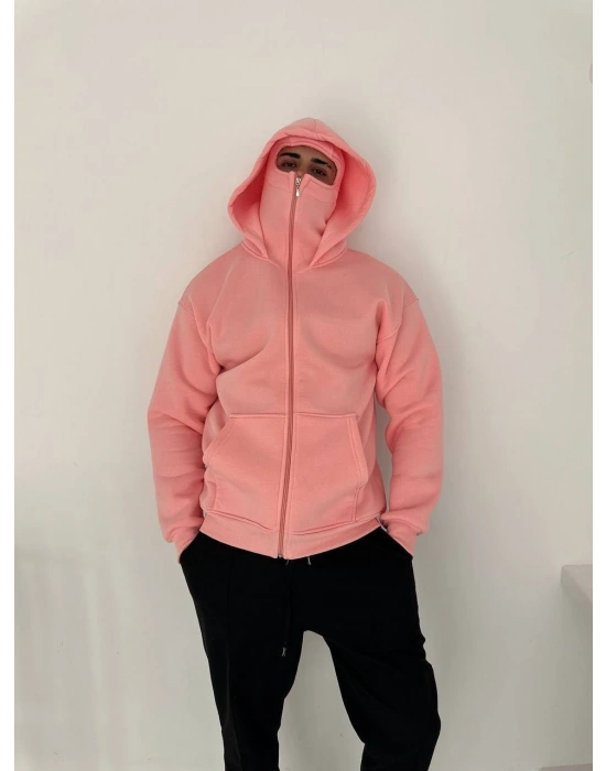 ÇİFT KAPÜŞONLU BASİC OVERSİZE 3 İPLİK PAMUKLU HIRKA PEMBE