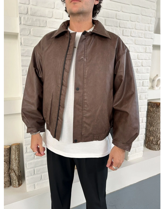 ÇITÇIT DETAY ESKİTME DERİ ŞİŞME CEKET KAHVERENGİ