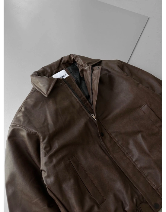 ÇITÇIT DETAY ESKİTME DERİ ŞİŞME CEKET KAHVERENGİ