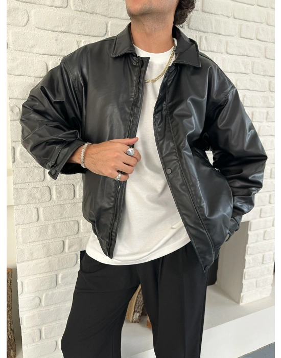 ÇITÇITLI ZG ŞİŞME DERİ CEKET SİYAH