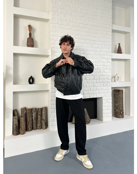 ÇITÇITLI ZG ŞİŞME DERİ CEKET SİYAH