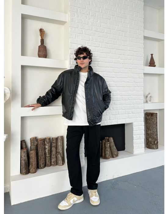 DİK YAKA OVERSİZE DERİ ŞİŞME CEKET SİYAH